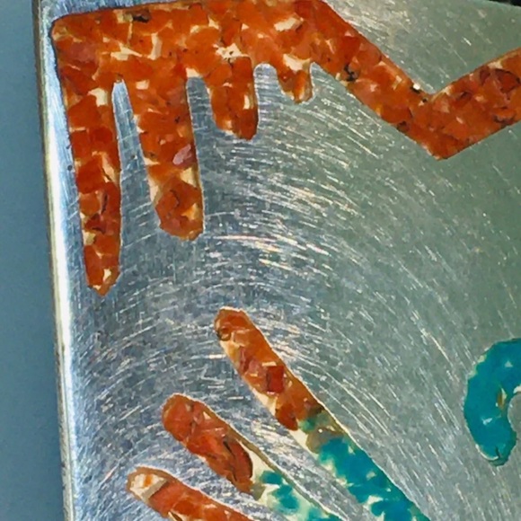 Vintage Sterling Navajo Bennett Road Runner Bolo Tie Turquoise & Red Coral Chip - Picture 5 of 11